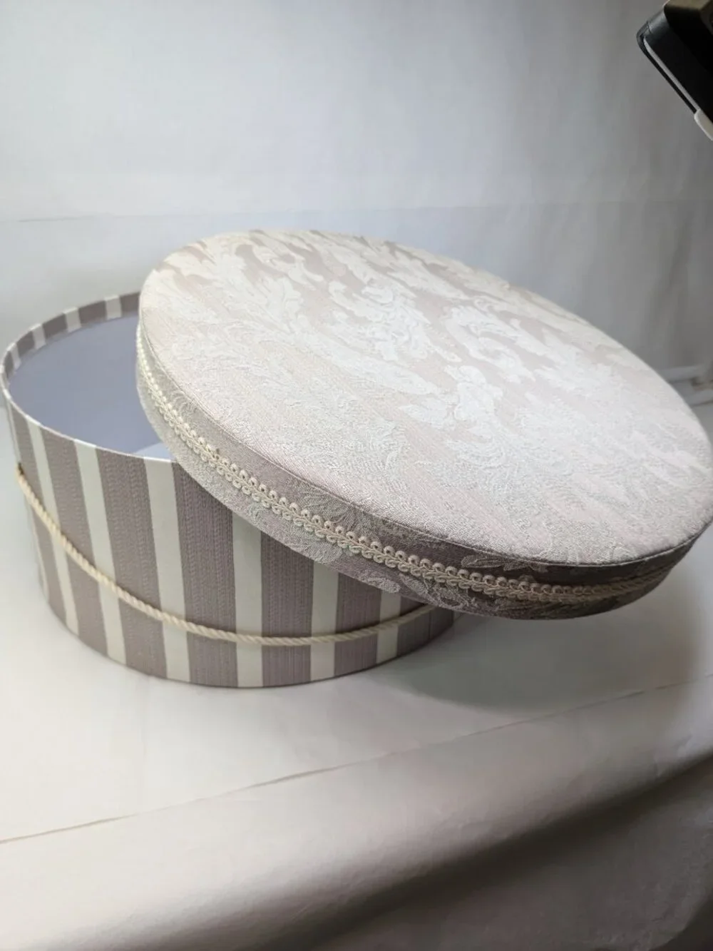Vintage Striped Brocade Round Hat Box Taupe Cream Fabric Storage Case Unisex